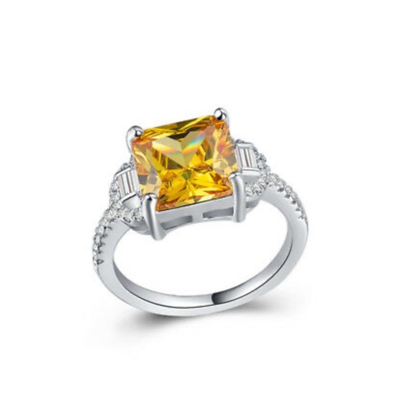 New 925 Silver Princess Cut Citrine Ring Size 6-10 - Picture 2 of 5